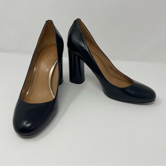 Coach Ophelia Box Calf Black Leather Stack Heel Pumps Round Toe Shoes Size 7 - Picture 1 of 10